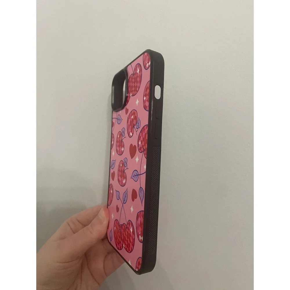 iPhone 14 Plus Case Pink Cherry Heart Disco Ball Retro Pattern Protective Cover